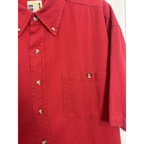 VTG 80s On The Brick Red Button Up Short Sleeve Collared Shirt Size Large Cotton - Picture 5 of 6